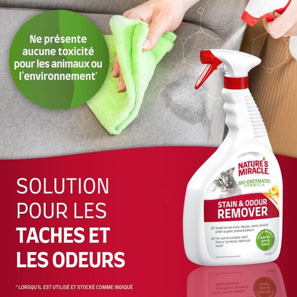Spray Eliminateur pour taches et odeurs organiques des chat - urine, excréments, vomis – Action Bio-Enzymatique – Multi-surfaces – Parfum Melon – 946 ml